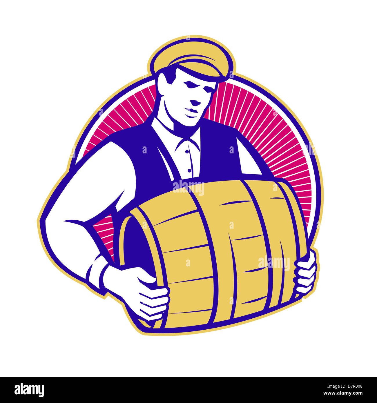 Retro-Stil Illustration ein Barkeeper tragen Keg Fass Bier im inneren Kreis auf isolierten weißen Hintergrund gesetzt. Stockfoto