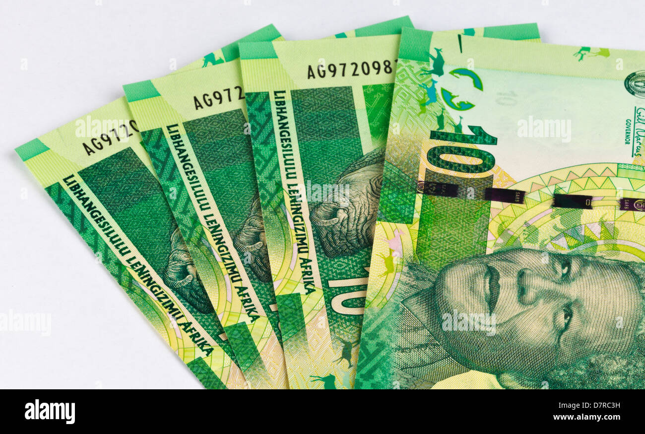 Neue südafrikanische Währung in Rechnung Konfession Darstellung Nelson Mandela Stockfoto