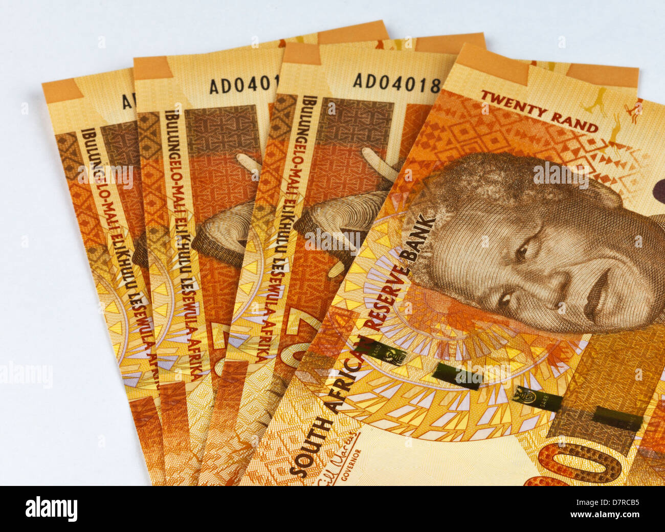 Neue südafrikanische Währung in Rechnung Konfession Darstellung Nelson Mandela Stockfoto