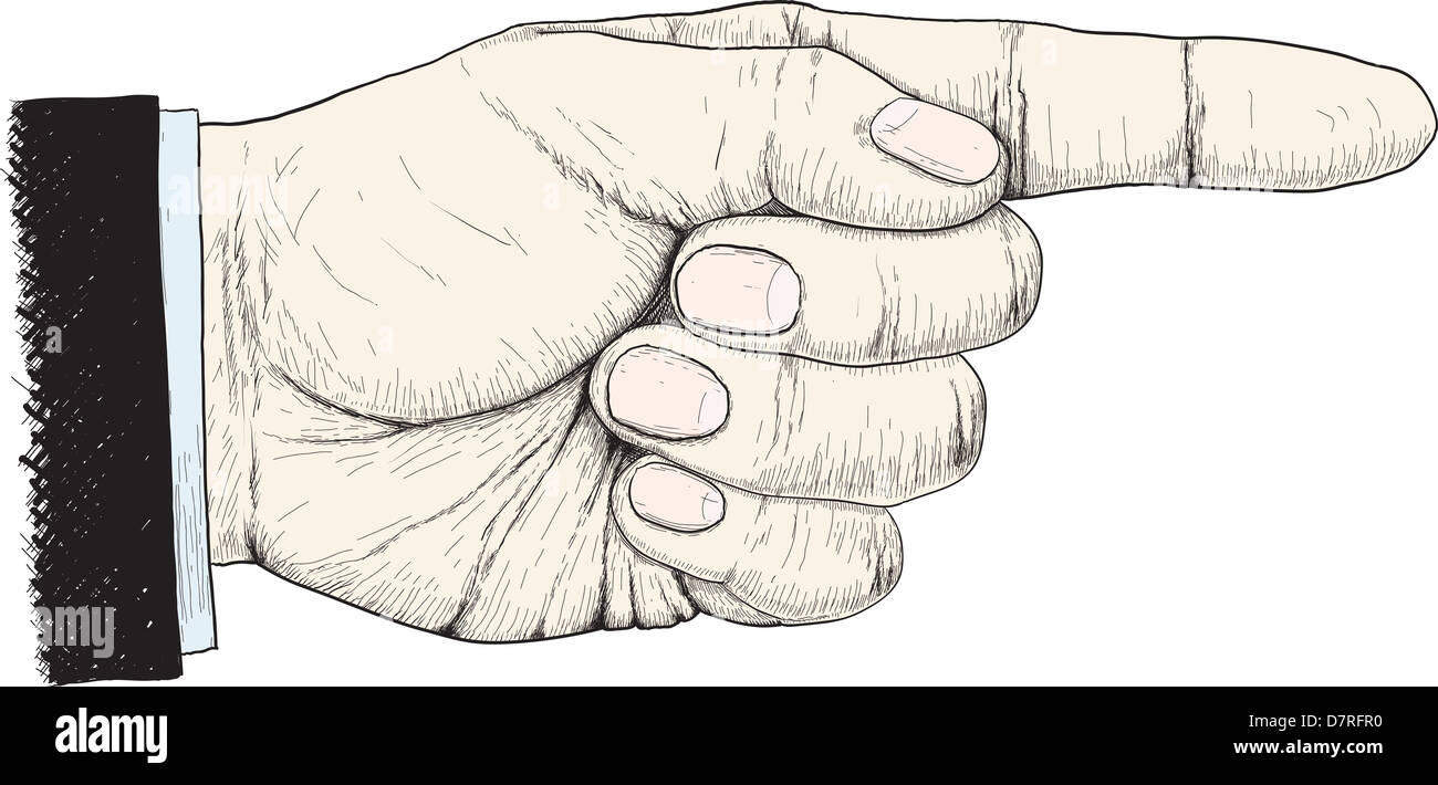 linke Hand zeigt die Richtung auf der rechten Seite als Gravuren isoliert auf weißem Hintergrund Stockfoto