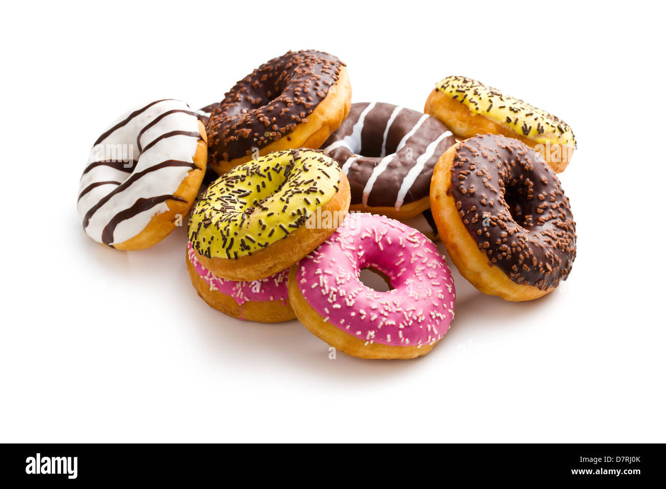 verschiedene Donuts auf weißem Hintergrund Stockfoto