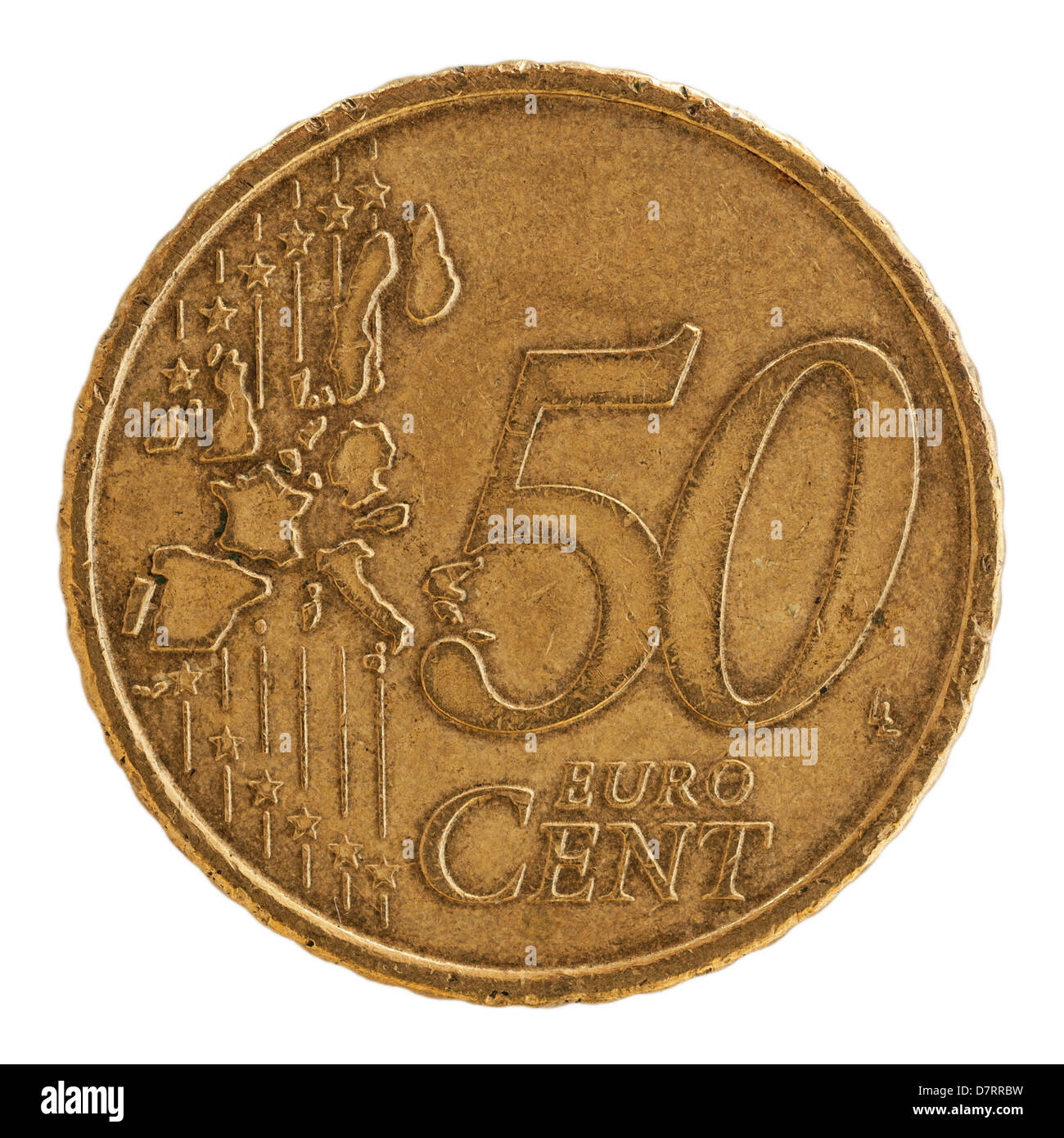 Eine spanische Euro 50-Cent-Münze auf weißem Hintergrund Stockfoto