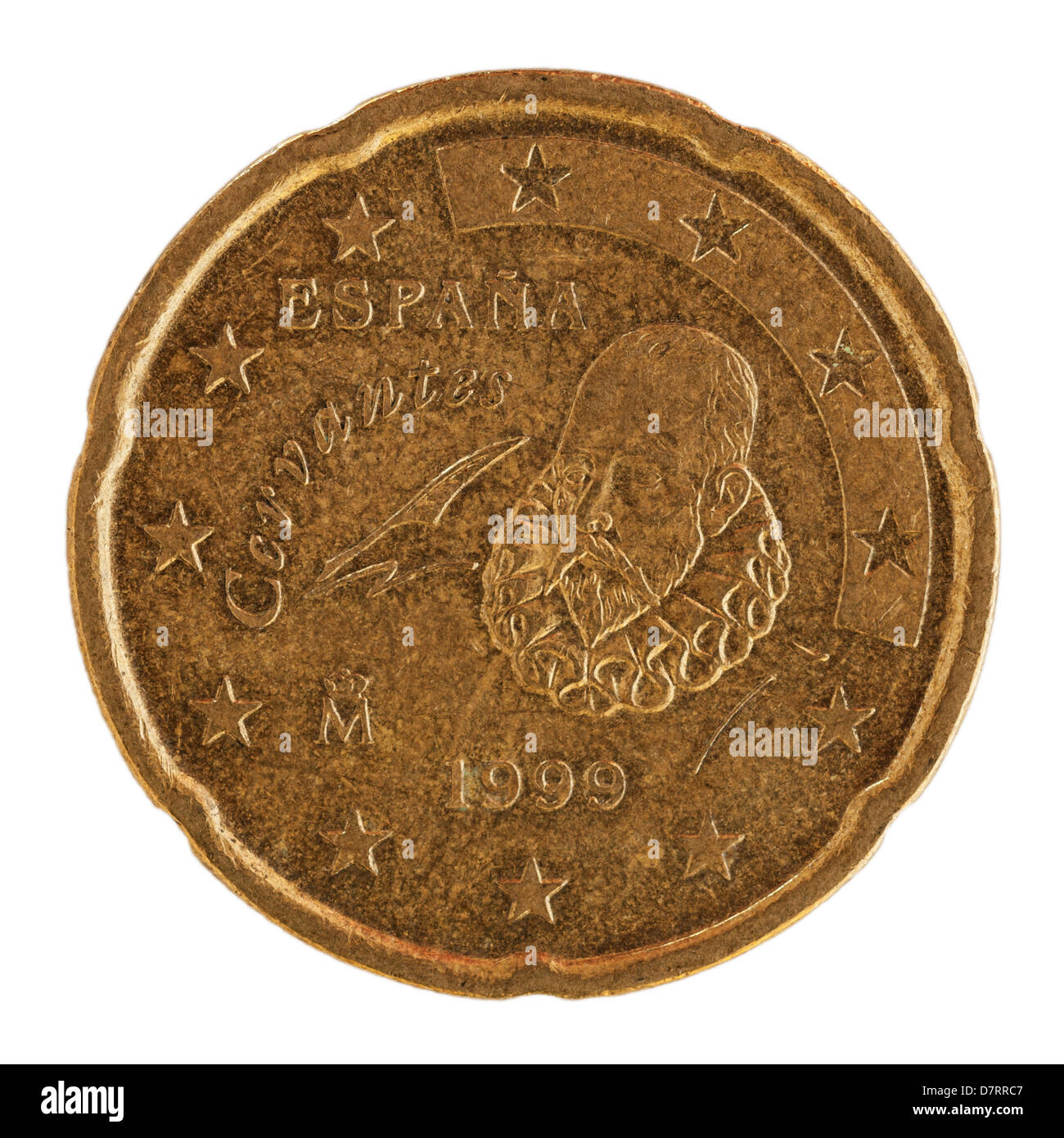 Eine spanische Euro 20-Cent-Münze auf weißem Hintergrund Stockfoto