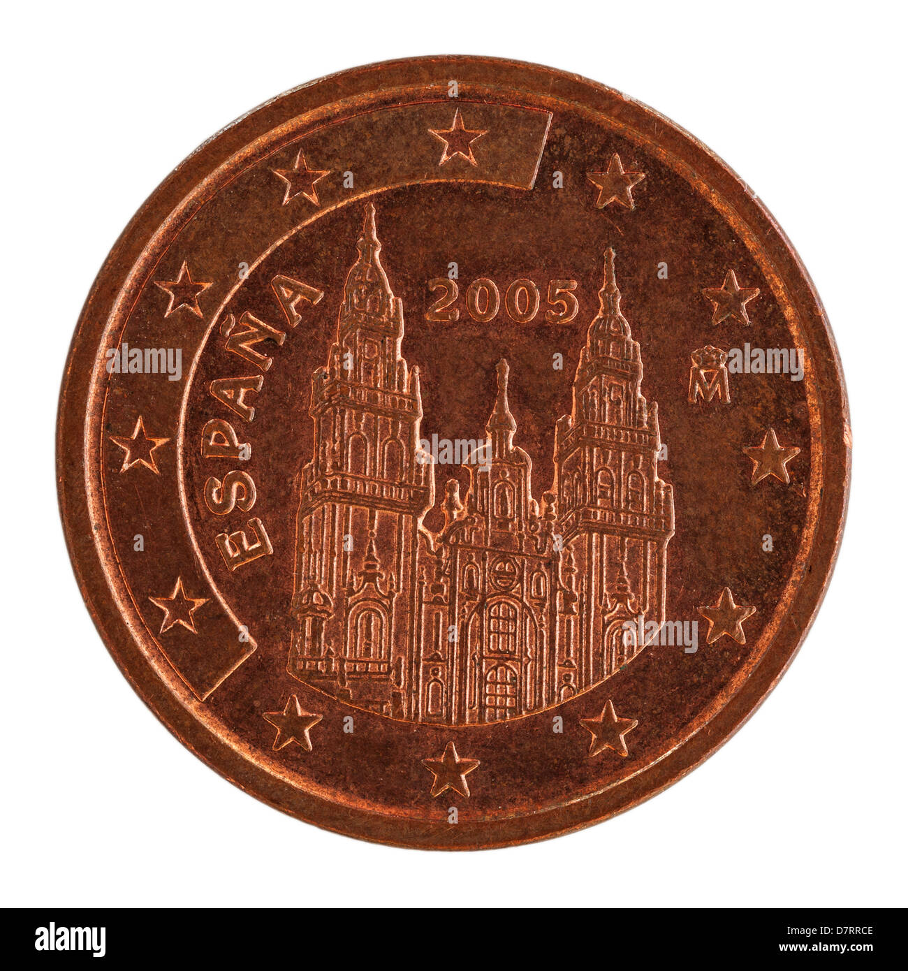Einen spanischen Euro-5-Cent-Münze auf weißem Hintergrund Stockfoto