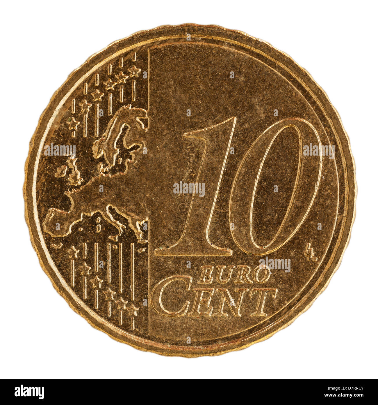 Eine spanische Euro 10-Cent-Münze auf weißem Hintergrund Stockfoto