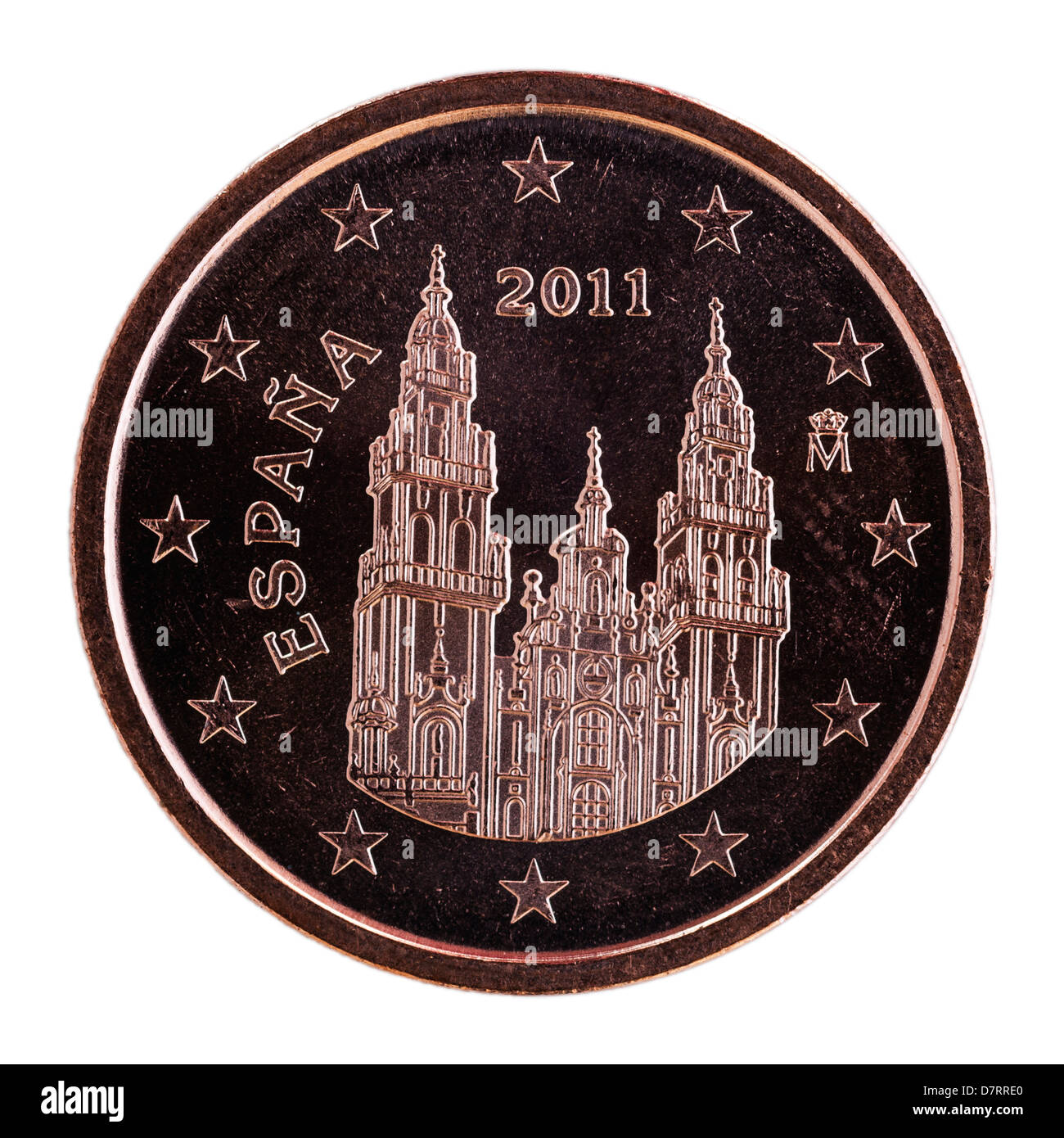 Einen spanischen Euro-2-Cent-Münze auf weißem Hintergrund Stockfoto