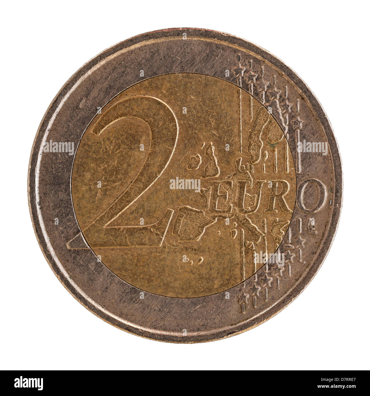 Eine Spanisch-2-Euro-Münze auf weißem Hintergrund Stockfoto