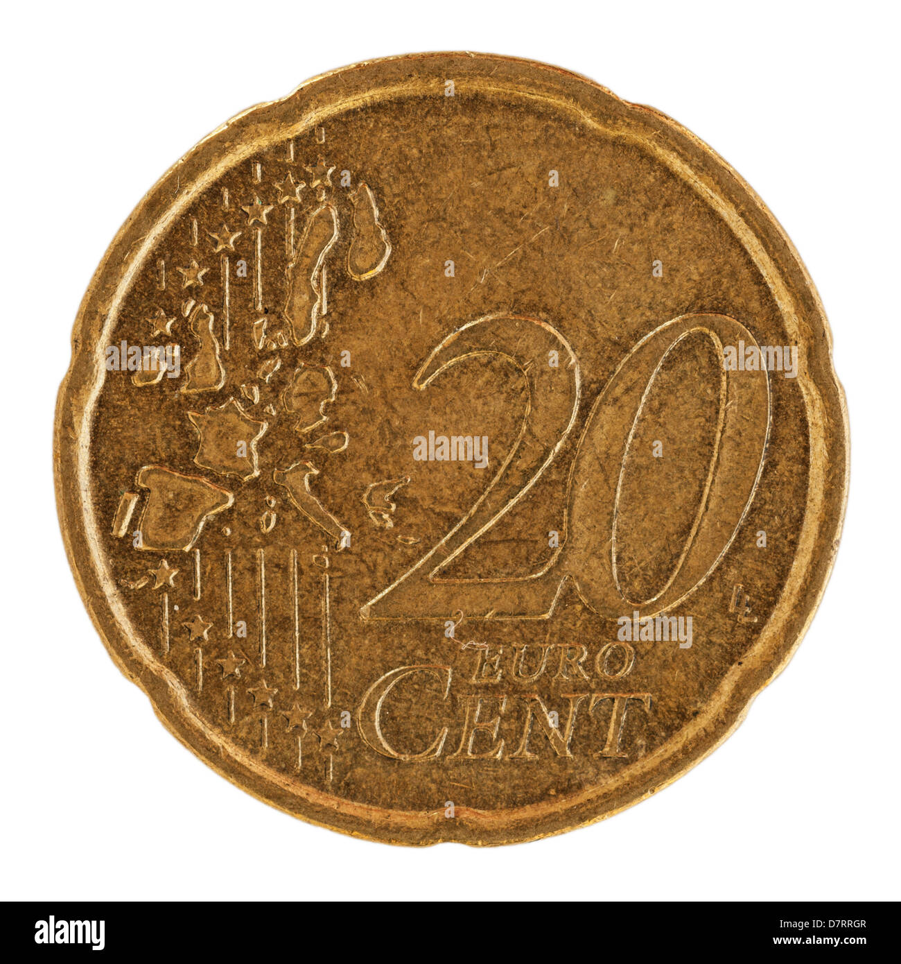 Eine spanische Euro 20-Cent-Münze auf weißem Hintergrund Stockfoto