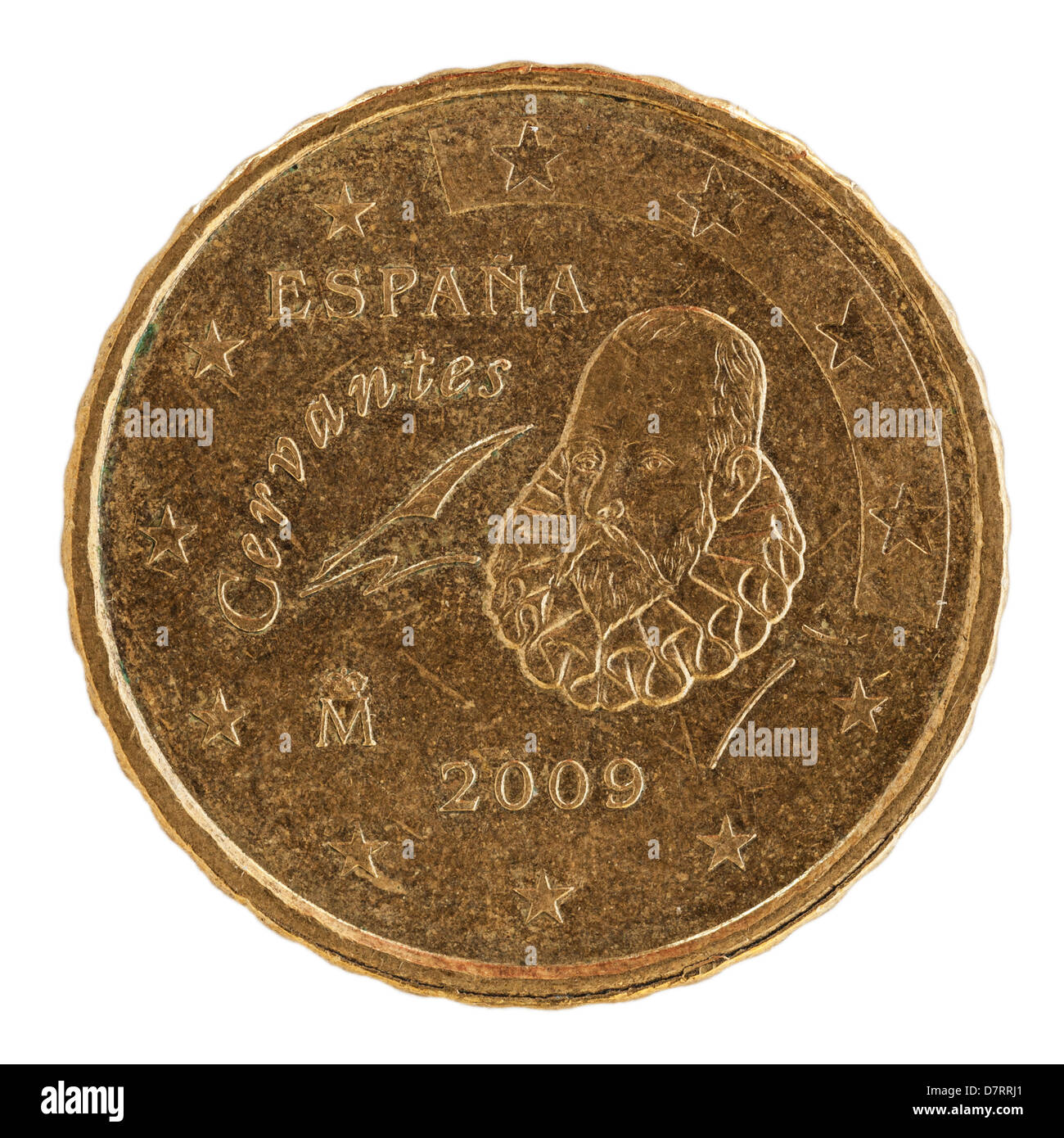 Eine spanische Euro 10-Cent-Münze auf weißem Hintergrund Stockfoto