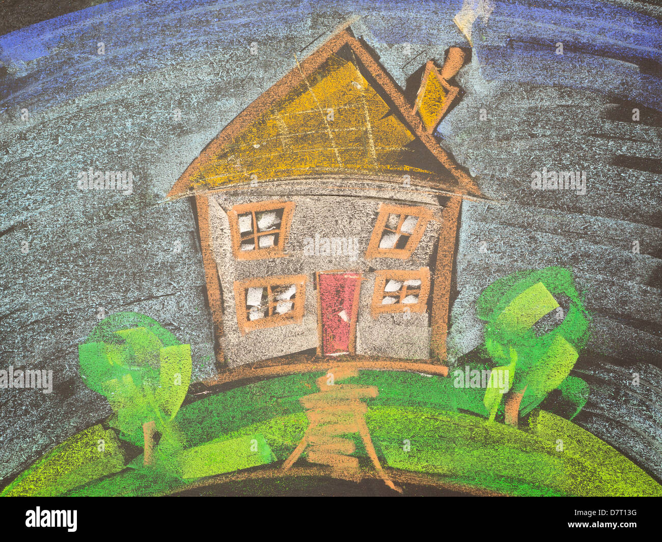 Kinder Zeichnung eines Hauses auf einer Tafel Stockfoto