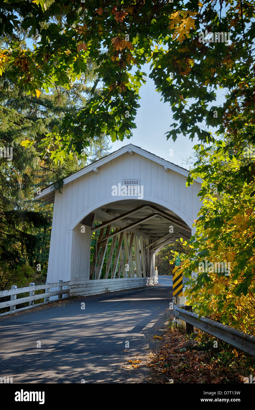 USA, Oregon, Scio, Hannah Brücke, überdachte Brücke über Thomas Creek im Frühherbst. Stockfoto