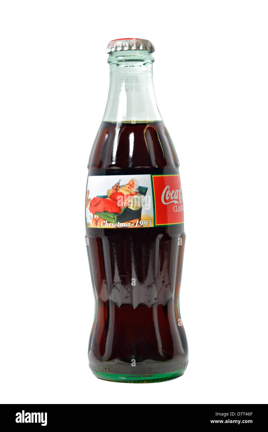 Eine Cola-Flasche von 1995 mit einem Weihnachtsthema. Stockfoto