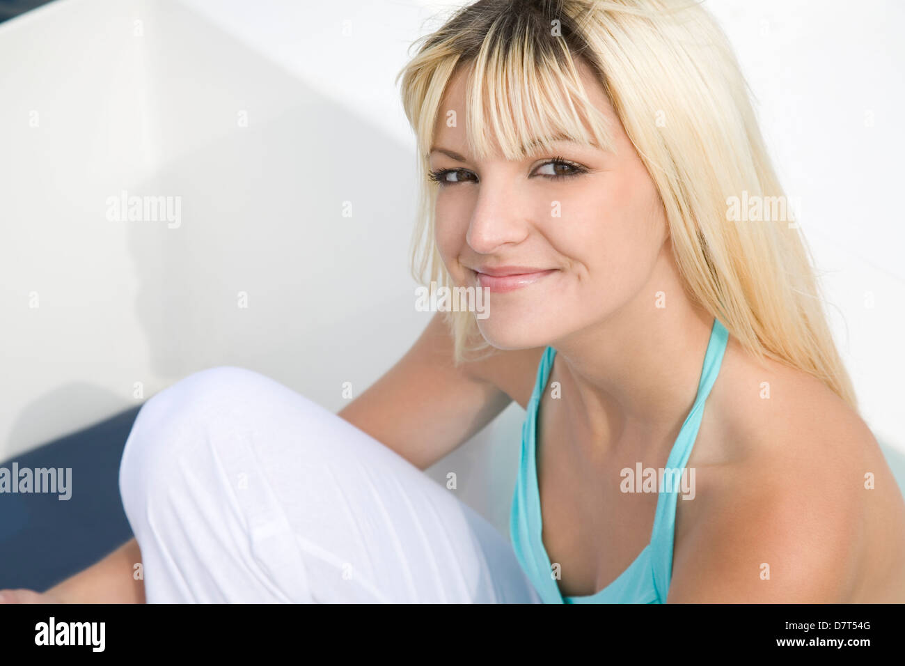 Segelboot, Frau, blond, glücklich, Porträt, Lächeln Stockfoto
