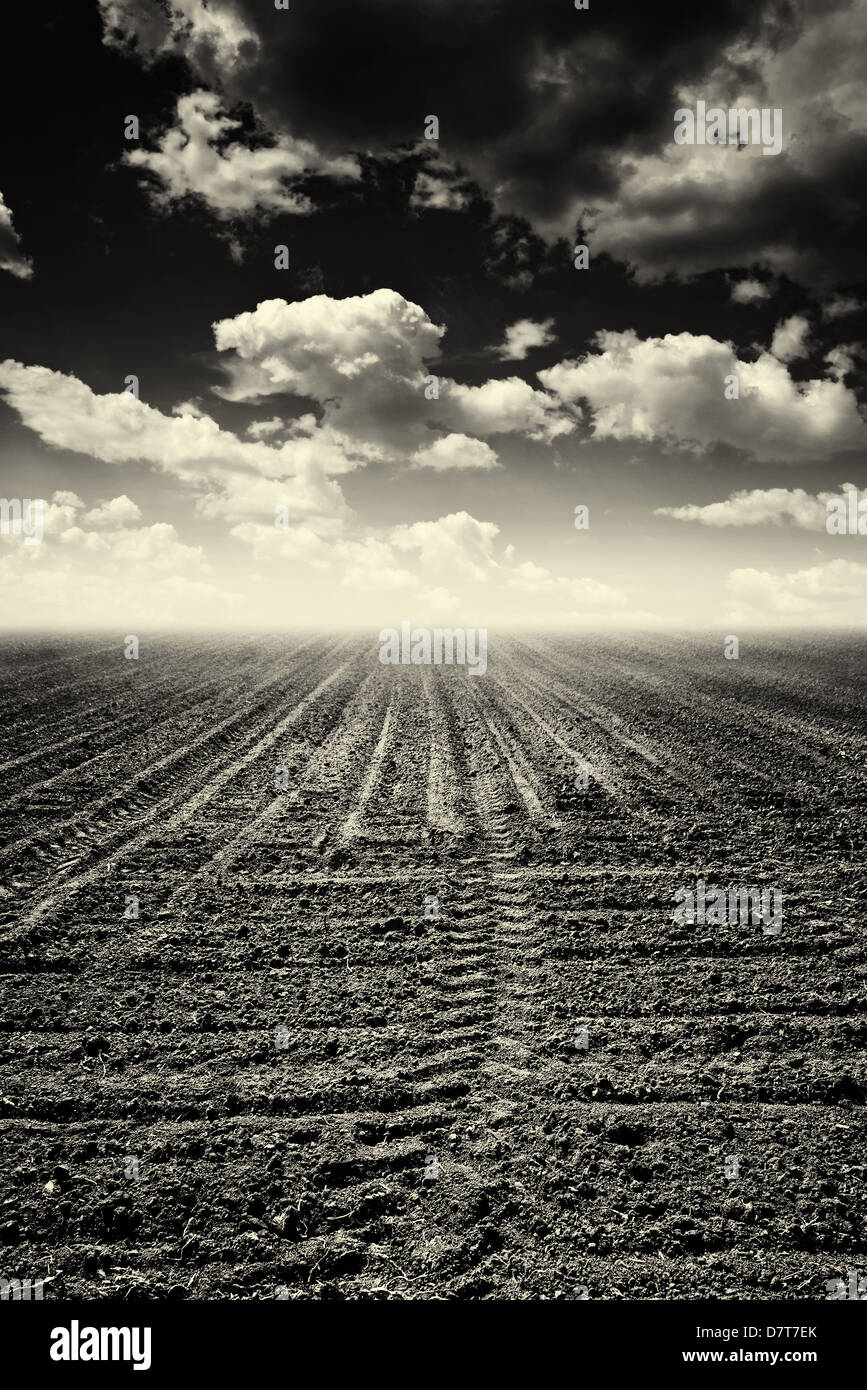 Menschenleer, gepflügtes Feld oder Acker, schwarz / weiß Bild. Stockfoto