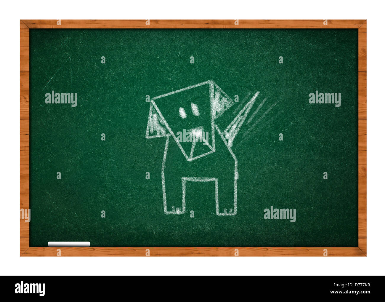 Kind, die Zeichnung eines Hundes an grünen Tafel mit Holzrahmen. Stockfoto