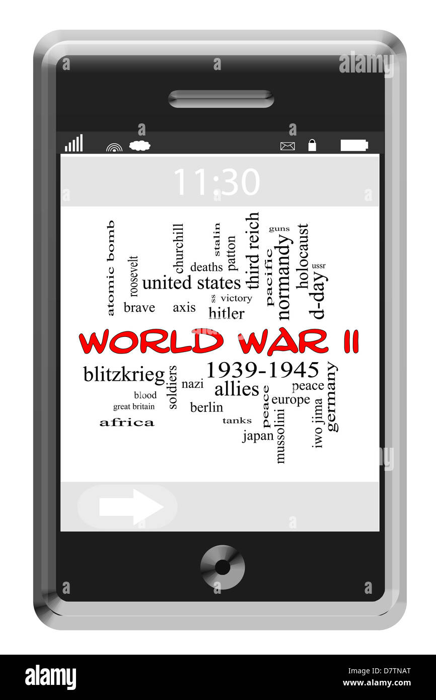 ZWEITEN Weltkrieg Word Cloud Konzept des Touchscreen-Handy mit großen Begriffe wie Verbündete, Achse, Soldaten und vieles mehr. Stockfoto