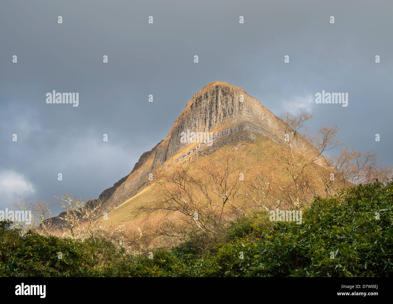 Die Westseite der Kalkstein Berg von Benbulben, County Sligo, Irland, einer der kultigsten Naturgegebenheiten Irlands Stockfoto