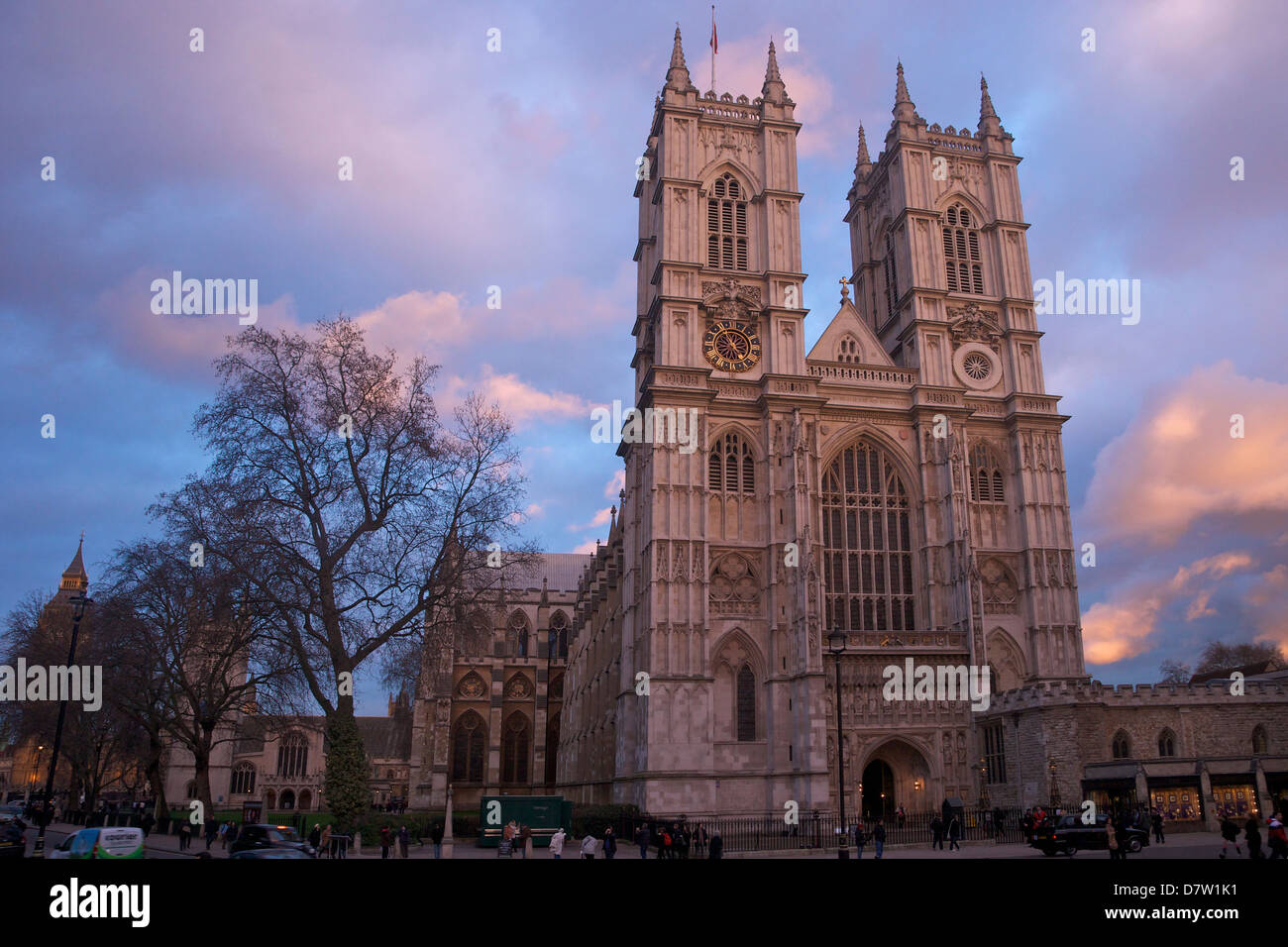 Westminster Abbey bei Sonnenuntergang, UNESCO-Weltkulturerbe, Westminster, London, England, Vereinigtes Königreich Stockfoto