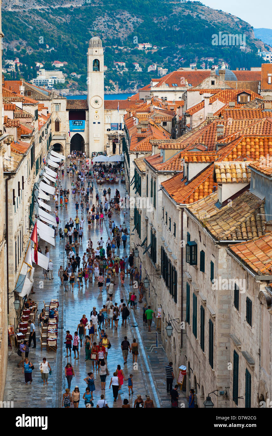 Dubrovnik City Bell Tower und Stradun, von Dubrovnik Stadt Wände, UNESCO-Weltkulturerbe, Dubrovnik, Kroatien Stockfoto