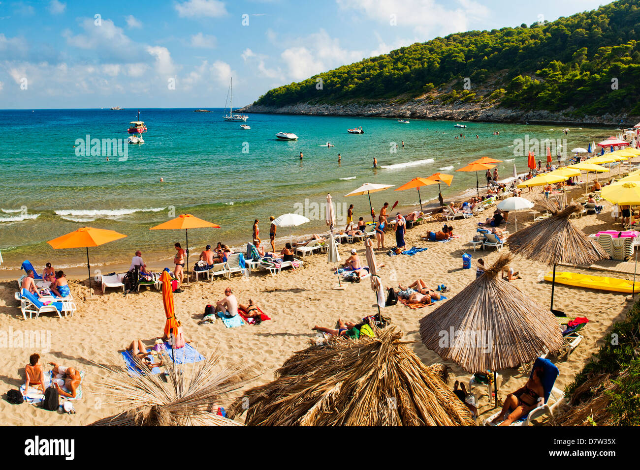 Sunj Beach, einem beliebten Sandstrand auf Lopud Insel, Elafiti Inseln (Elaphiten), Dalmatien, Adria, Kroatien Stockfoto