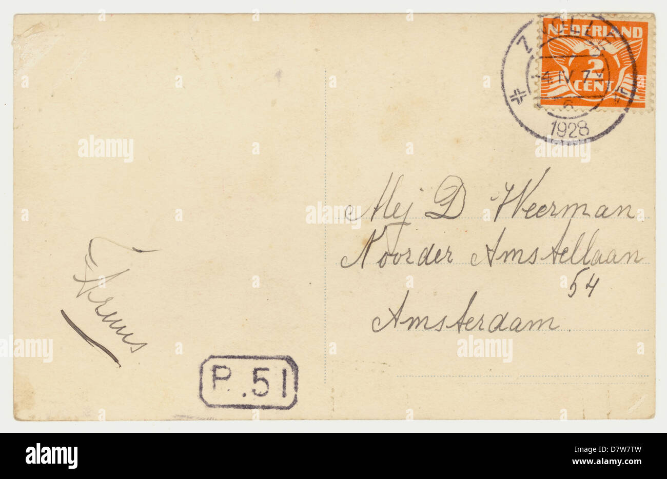 Rückseite der niederländischen Postkarte mit Stempel, geschrieben im Jahre 1928 Stockfoto