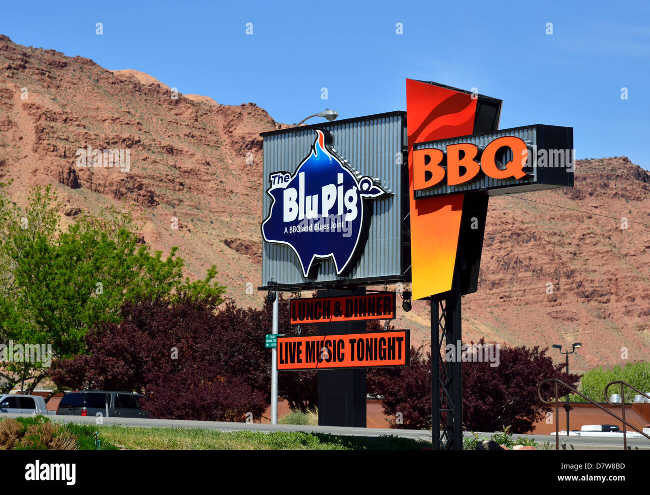 Zeichen für ein BBQ-Restaurant. Moab, Utah, USA. Stockfoto
