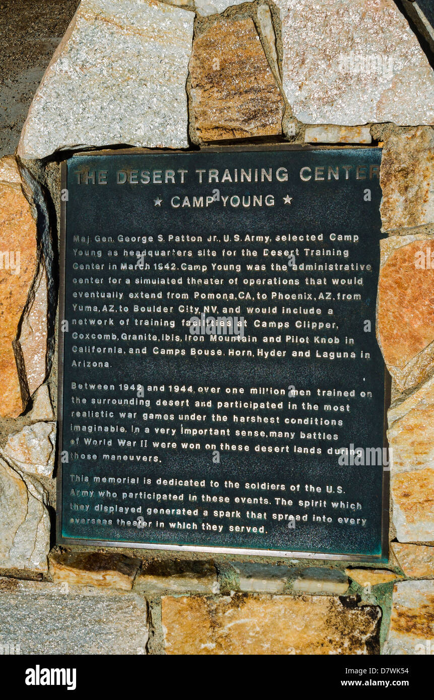 Interpretierende Plaque am General Patton Memorial Museum, Indio, Kalifornien USA Stockfoto