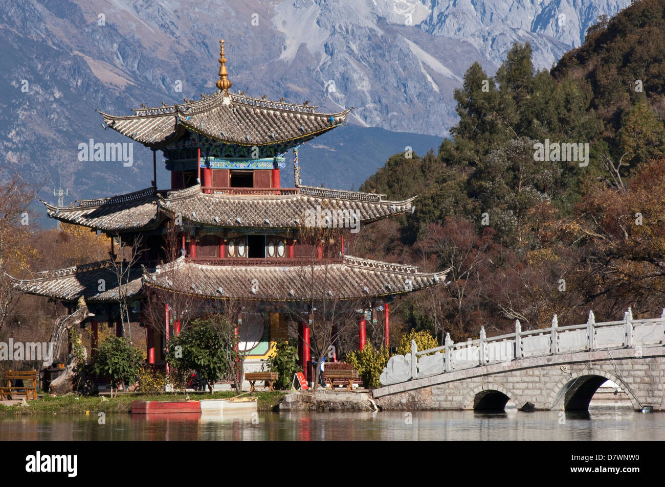 Black Dragon Pool Park, Lijiang, Yunnan, China, Ming-Dynastie Pagode. Jade Dragon Snow Mountain (Yulong Xueshan) hinter. Stockfoto