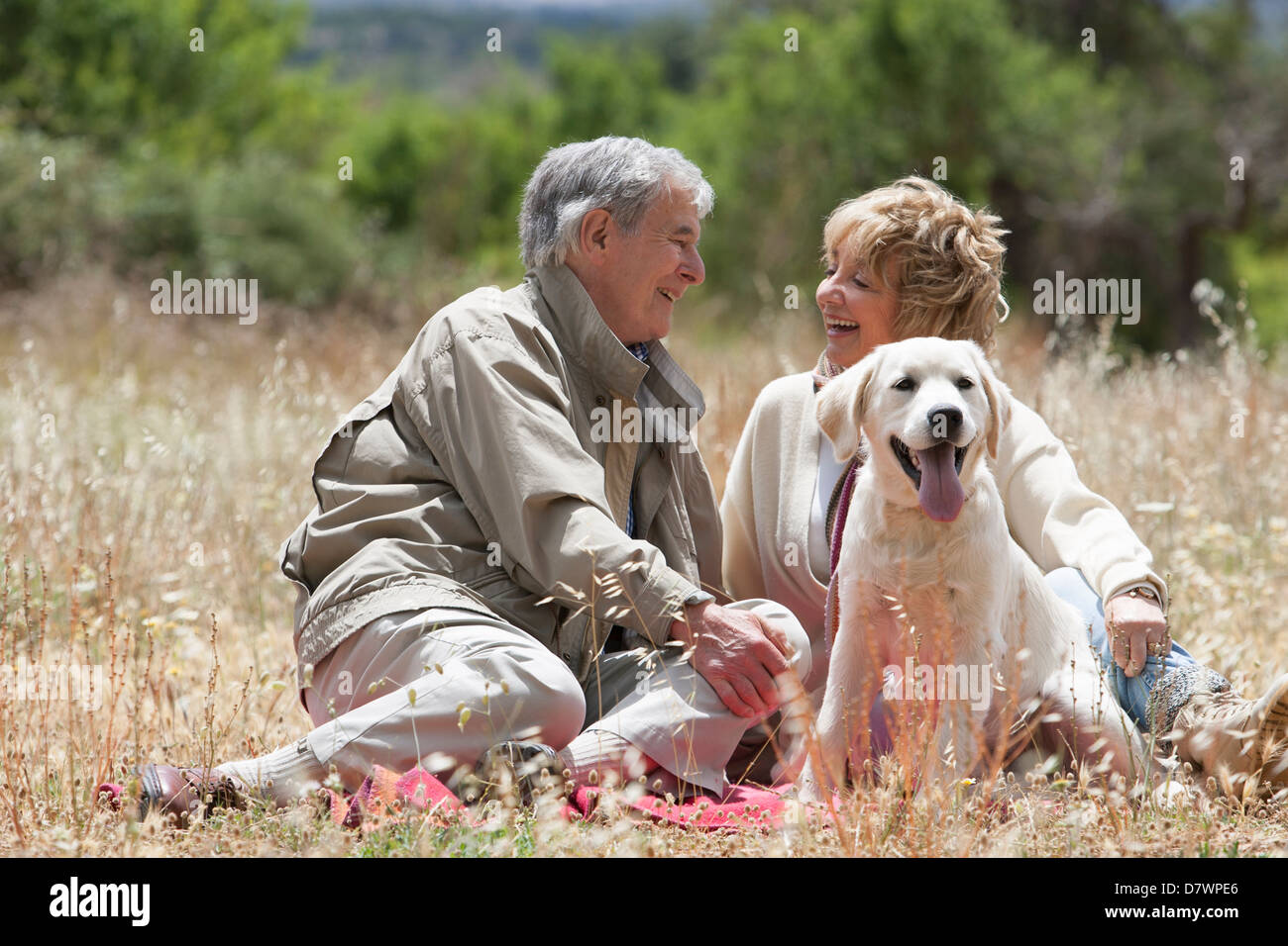 Älteres Ehepaar sitzt in einem Feld mit ihrem Hund Stockfoto