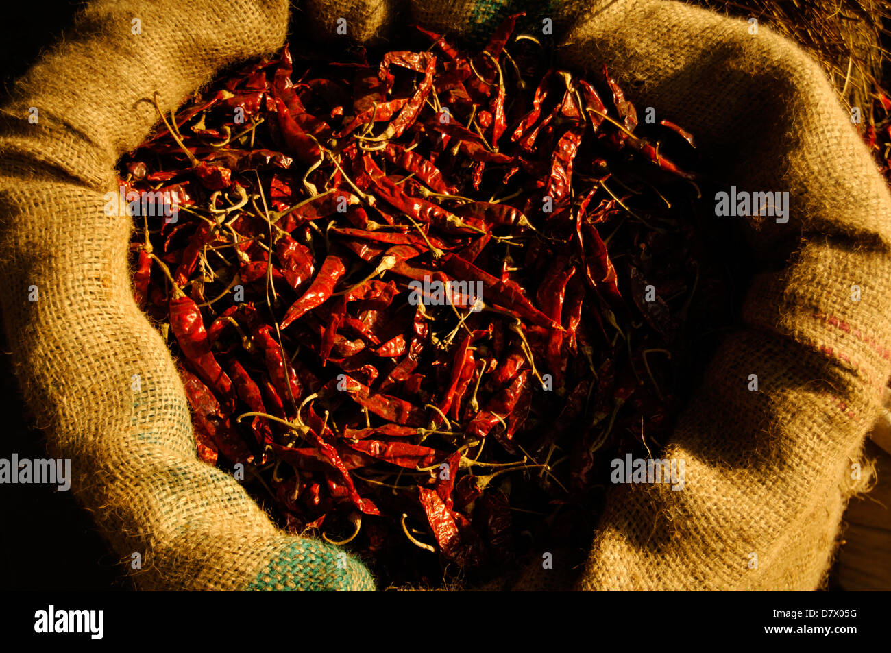 rote Chilis in einer Jute-Tasche in einem offenen Markt in Nepal Stockfoto