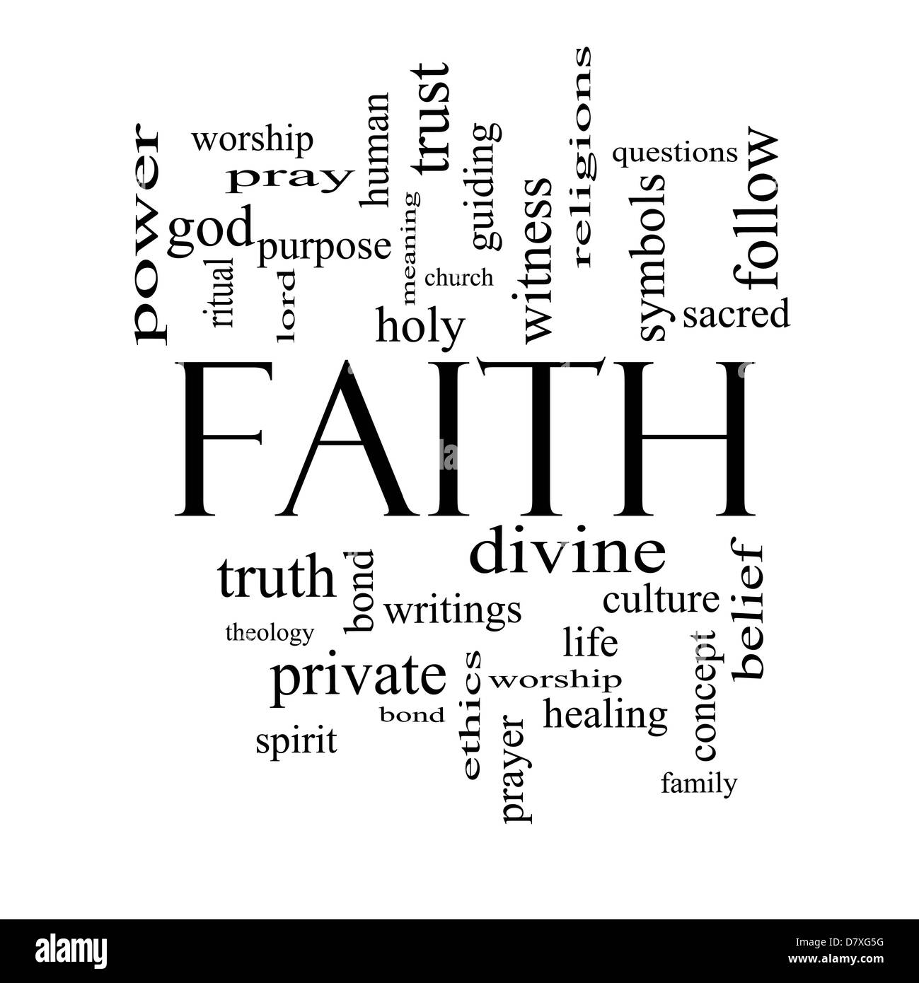 Glaubens Word Cloud-Konzept in schwarz und weiß mit großen Begriffe wie macht, Anbetung, Geist, göttlichen und vieles mehr. Stockfoto