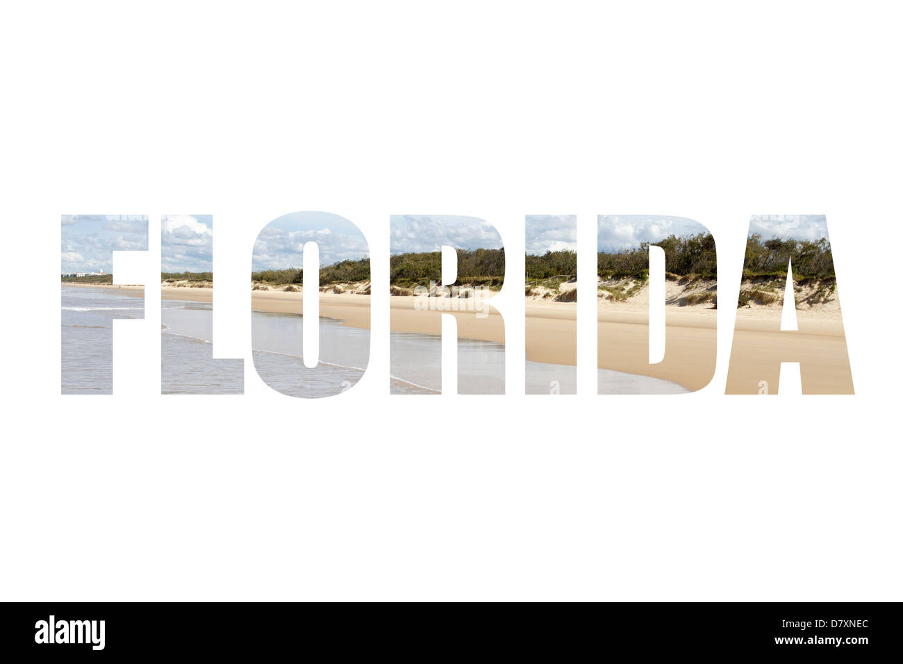 Beach Konzept Bild isoliert in Wort FLORIDA isoliert auf weiss.  Strand ist generisch. Stockfoto