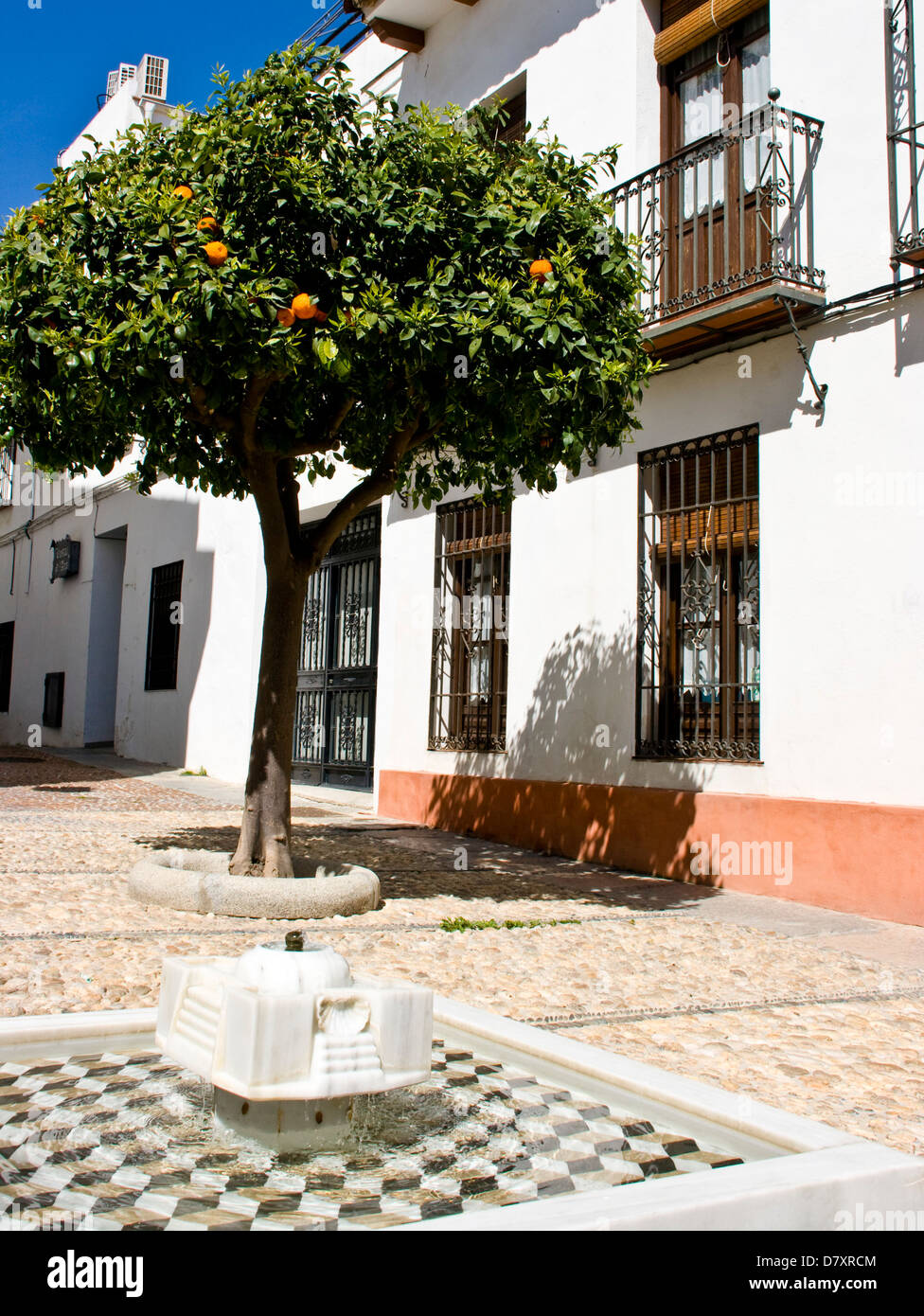 Sonnigen Platz und gefliesten Brunnen im ehemaligen jüdischen Viertel La Juderia Cordoba Andalusien Andalusien Spanien Europa Stockfoto