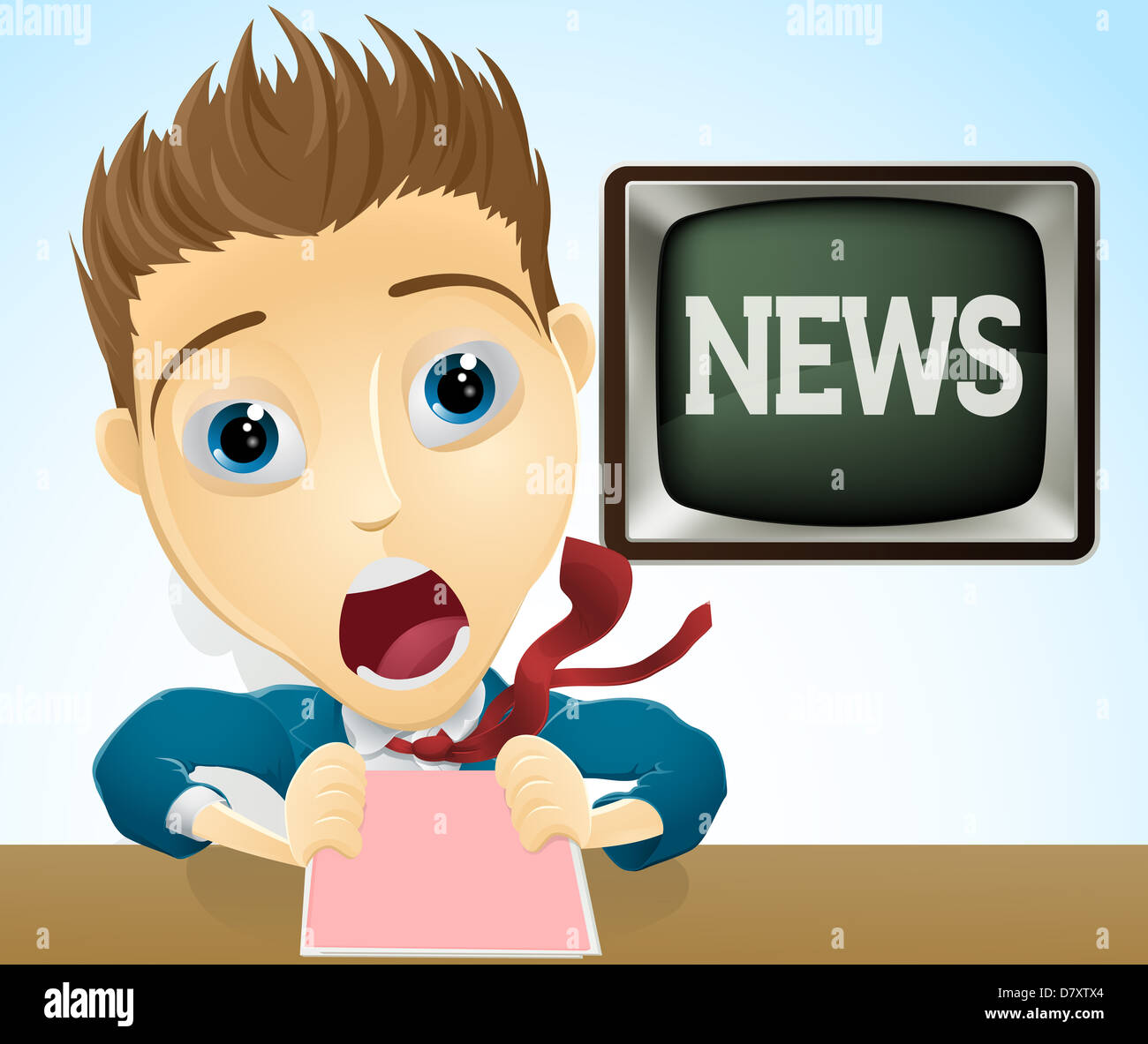 Eine Abbildung eines Zeichentrickfilms schockiert TV-News-Moderatorin Stockfoto