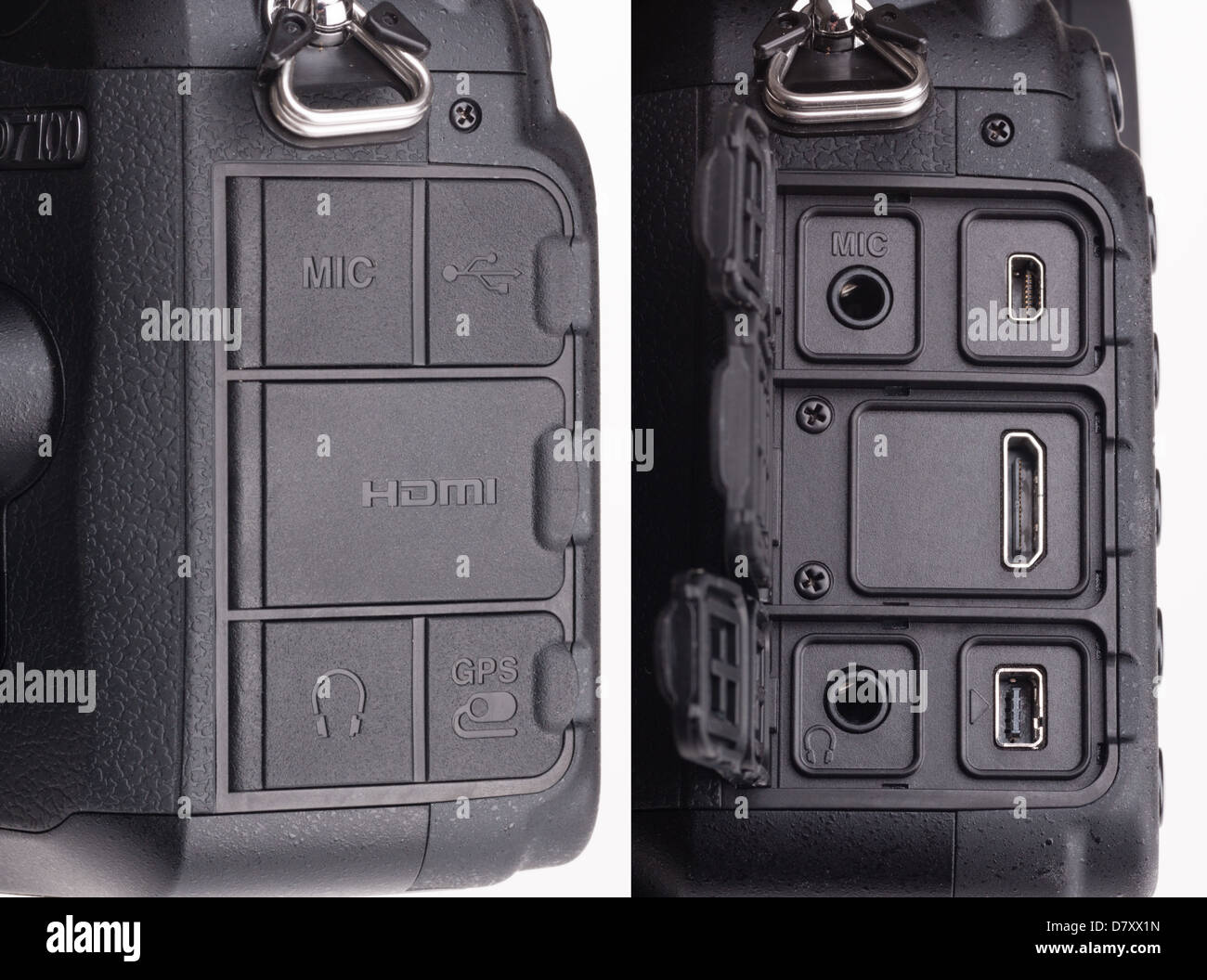 Digitale SLR Nikon D7100 - Schnittstellen oder Anschlüsse für HDMI,  Mikrofon, Kopfhörer, GPS, Fernbedienung, USB mit Kautschuk wasserdichte  Abdeckung Stockfotografie - Alamy