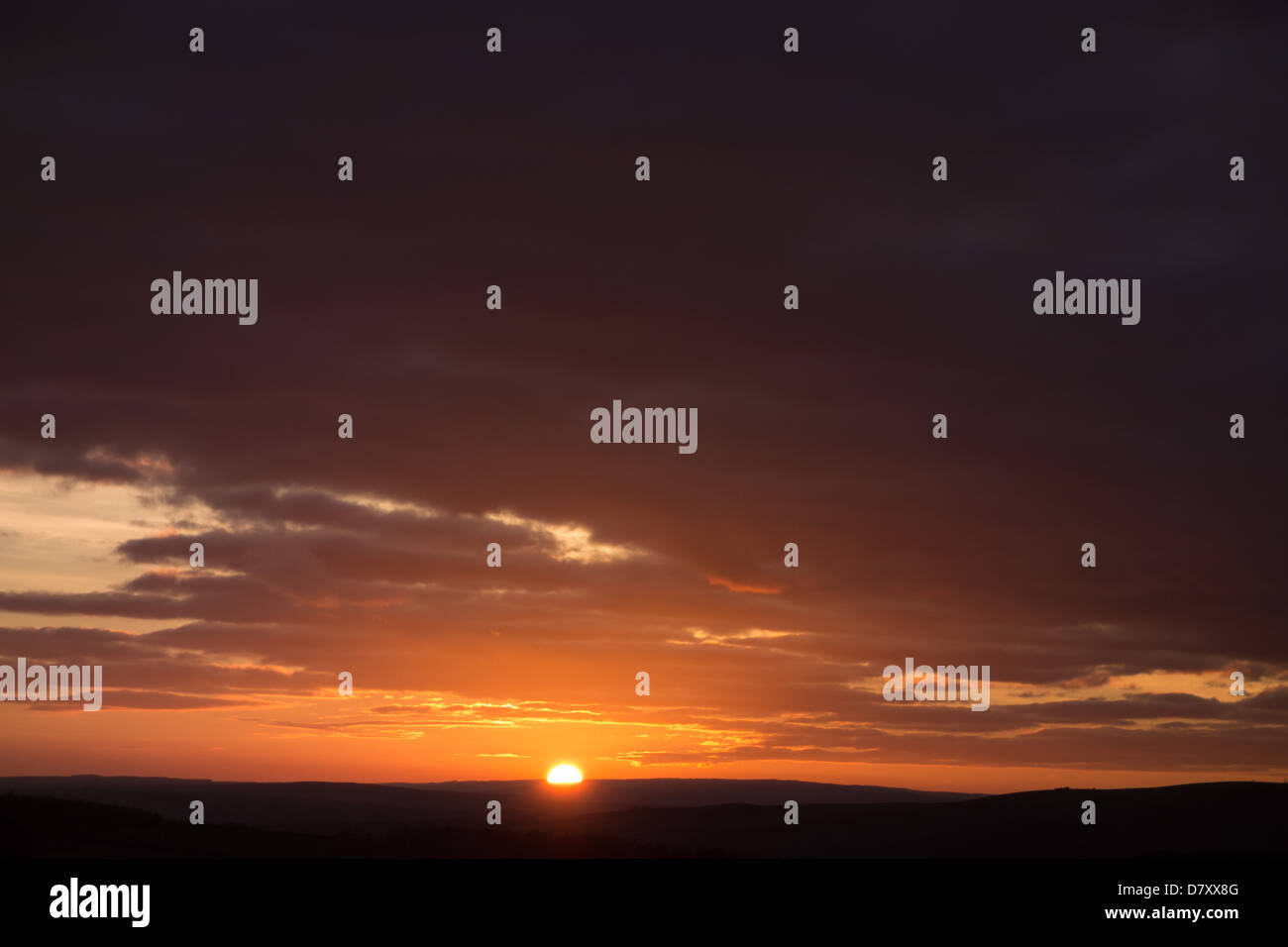 Sonnenuntergang über der Pennine Hills, Weardale, England. Stockfoto