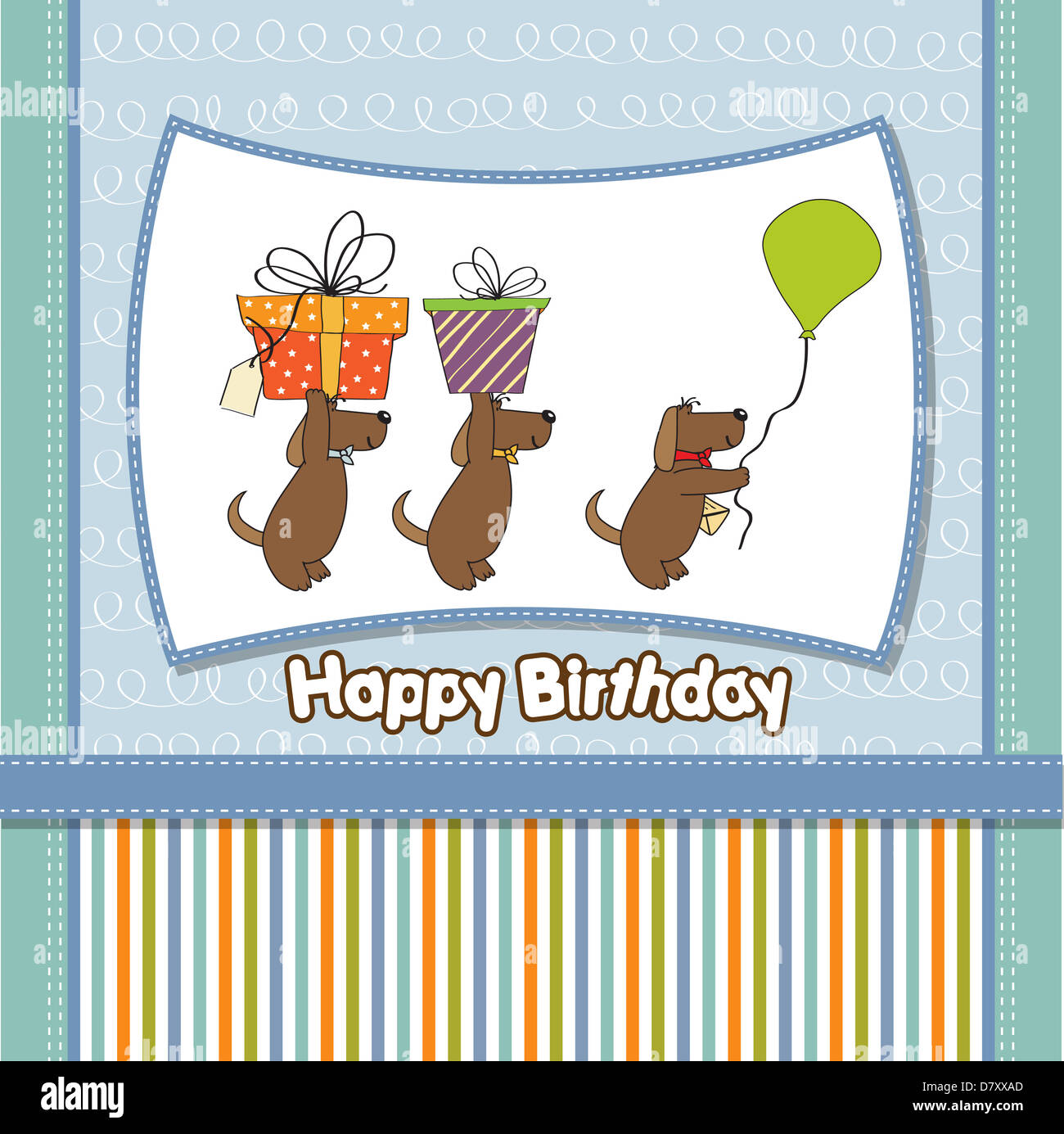 drei Hunde, die ein großes Geschenk anbieten. Geburtstag Grußkarte, Vektor-illustration Stockfoto