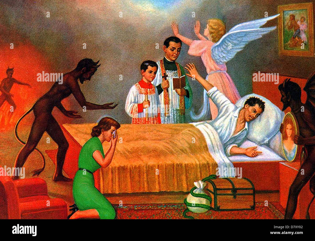MEXIKANISCHE Postkarte 1952 zeigt einen Mann auf seinem Sterbebett vor Versuchung in seine Sünden bekennen Stockfoto