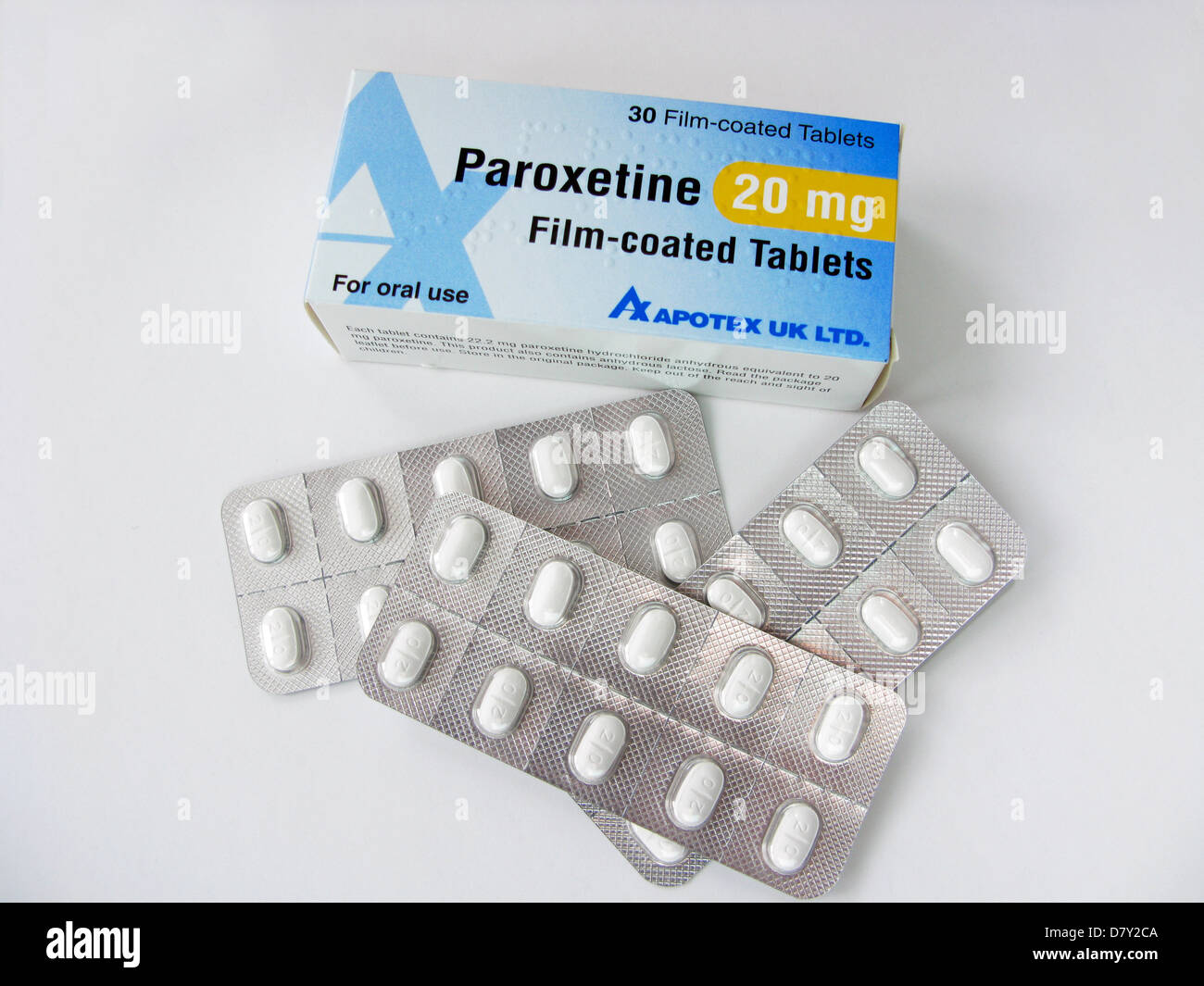 Paroxetin-Tabletten - selektive Serotonin Reuptake Hemmer SSRI zur Behandlung von depressiver Bedingungen (OCD) Stockfoto
