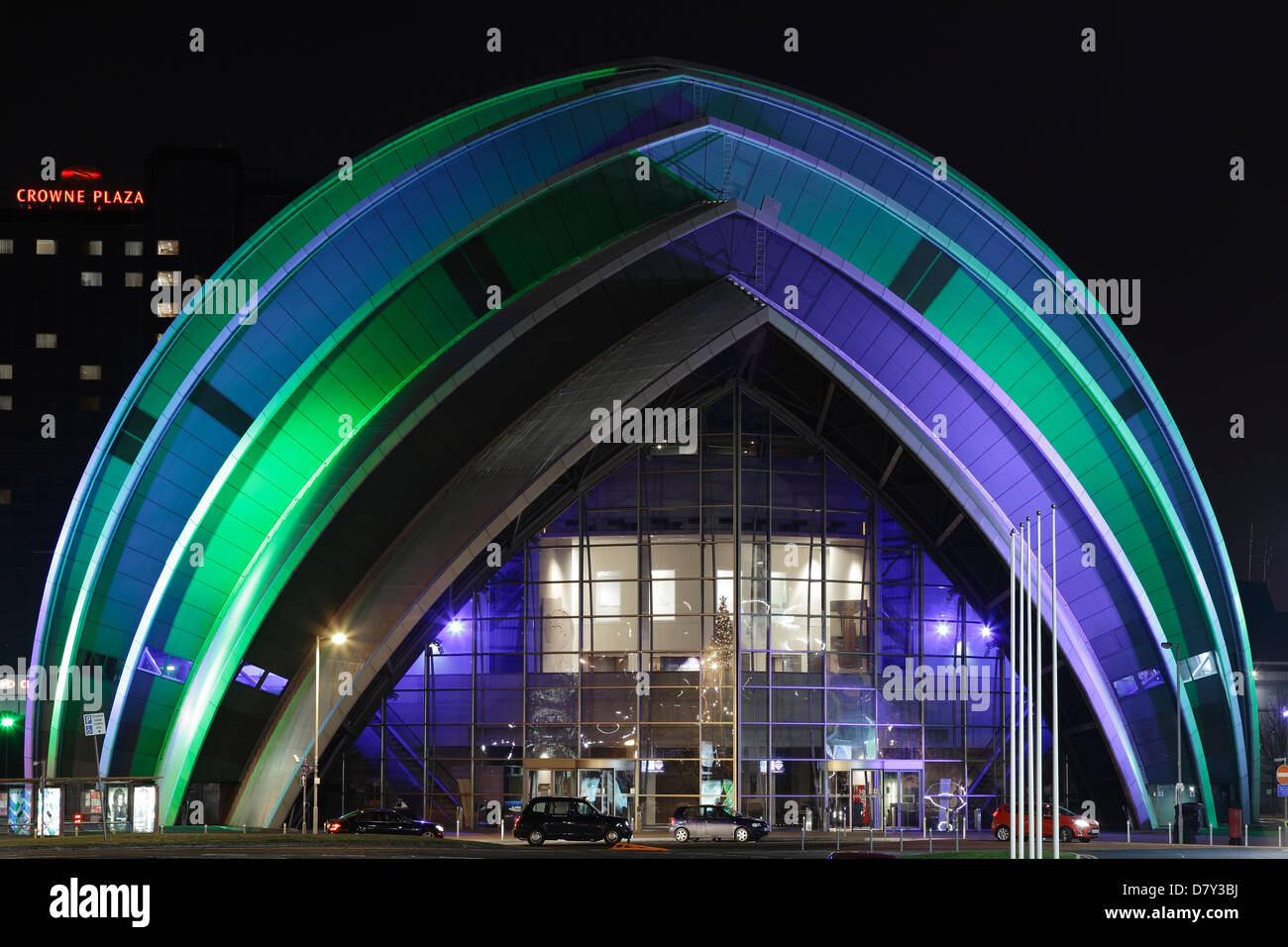 SEC Armadillo / Clyde Auditorium Gebäude beleuchtet bei Nacht auf dem Scottish Event Campus, Exhibition Way, Finnieston, Glasgow, Schottland, Großbritannien Stockfoto