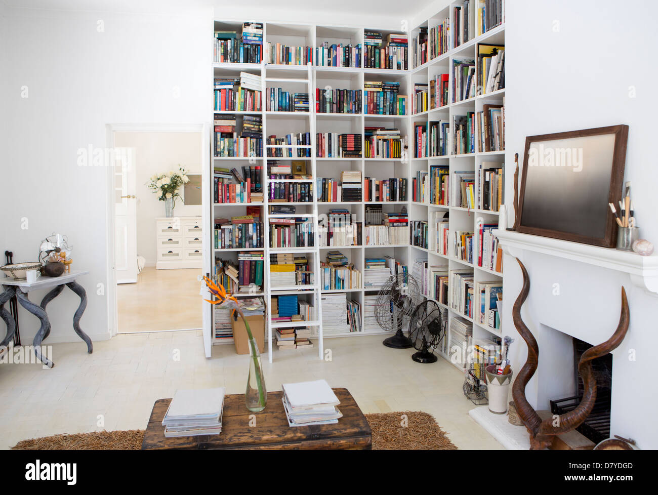Bücherregale und Kamin im modernen Wohnzimmer Stockfoto