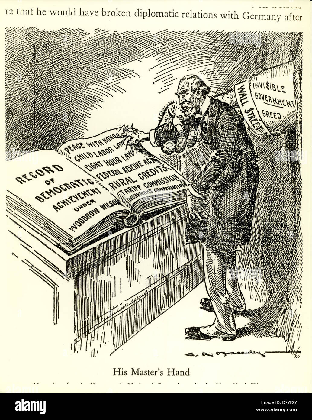 Ein politischer Cartoon mit dem Titel „His Master's Hand“, veröffentlicht von der New York Times, der den Einfluss der Wall Street auf die amerikanische Politik darstellt. Der Cartoon kritisiert die Macht der Unternehmen und die politische Korruption im frühen 20. Jahrhundert. Stockfoto