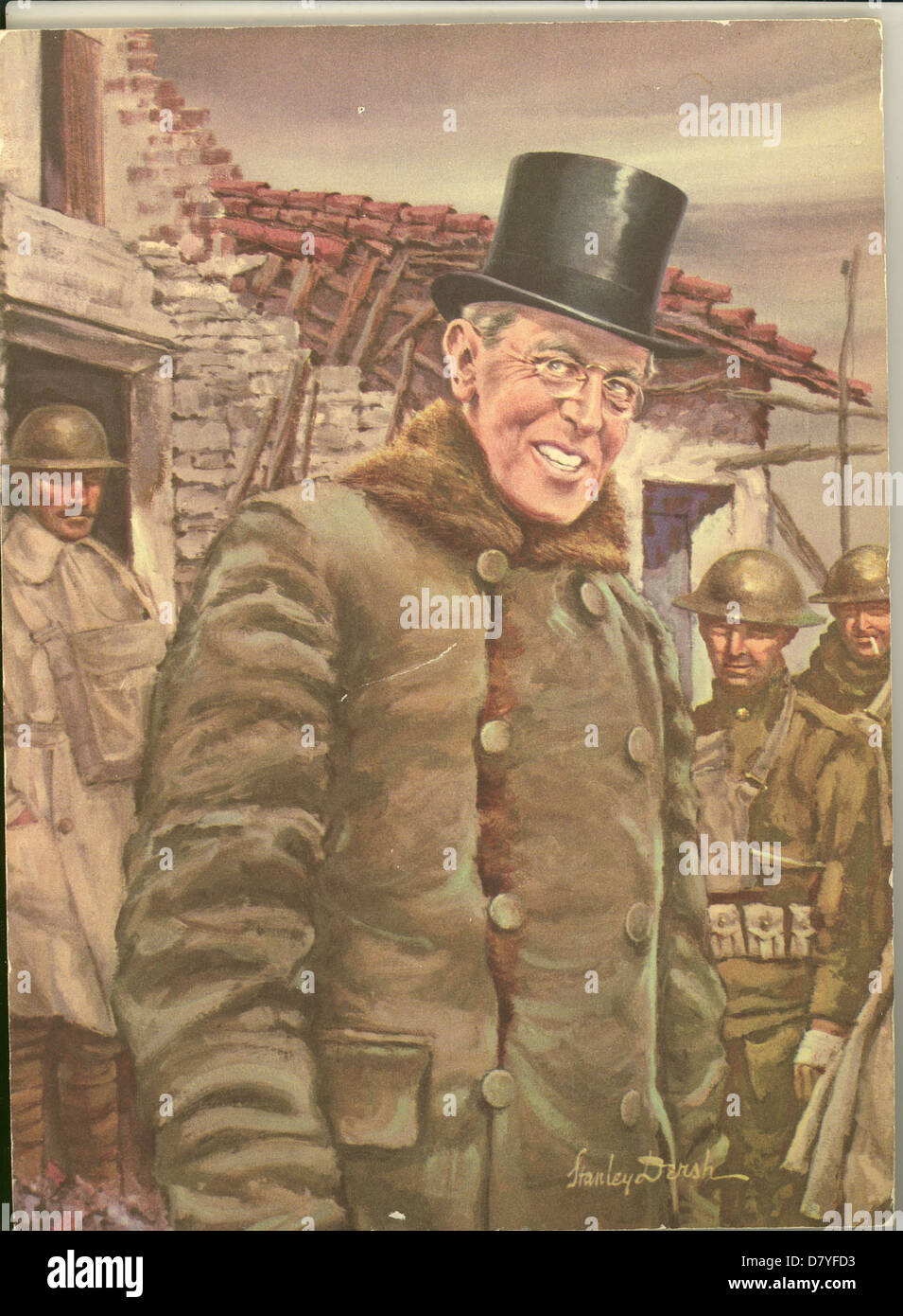 Dieses Bild zeigt Präsident Woodrow Wilson mit amerikanischen Soldaten in Europa während des Ersten Weltkriegs 1919 besuchte Wilson Europa, um an der Pariser Friedenskonferenz teilzunehmen, was einen bedeutenden Moment in der amerikanischen diplomatischen Geschichte markiert. Stockfoto