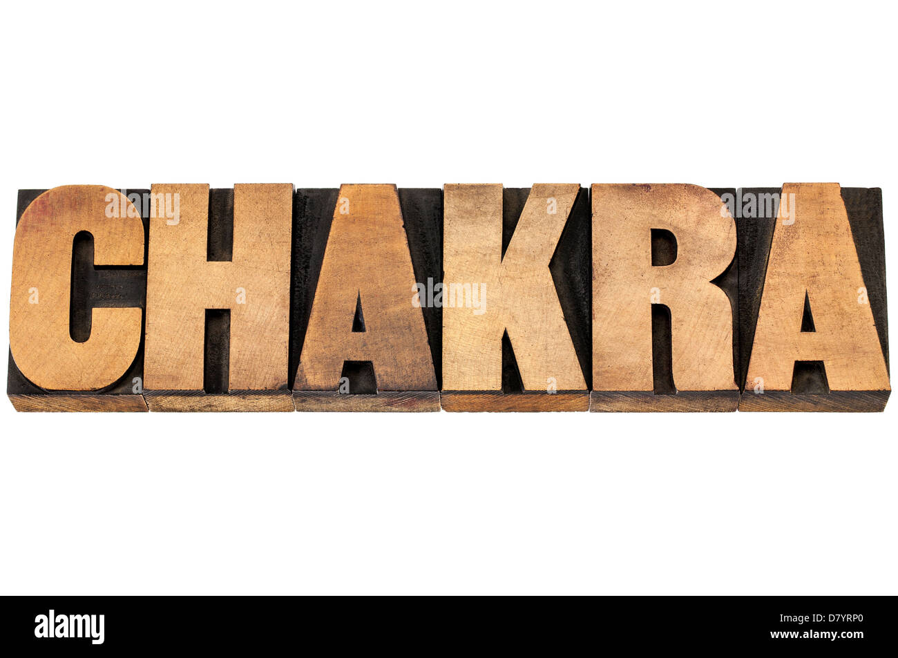Chakra-Word - Lebenskraft oder Lebensenergie Konzept - isoliert-Text im Buchdruck Holzart Druckstöcke Stockfoto