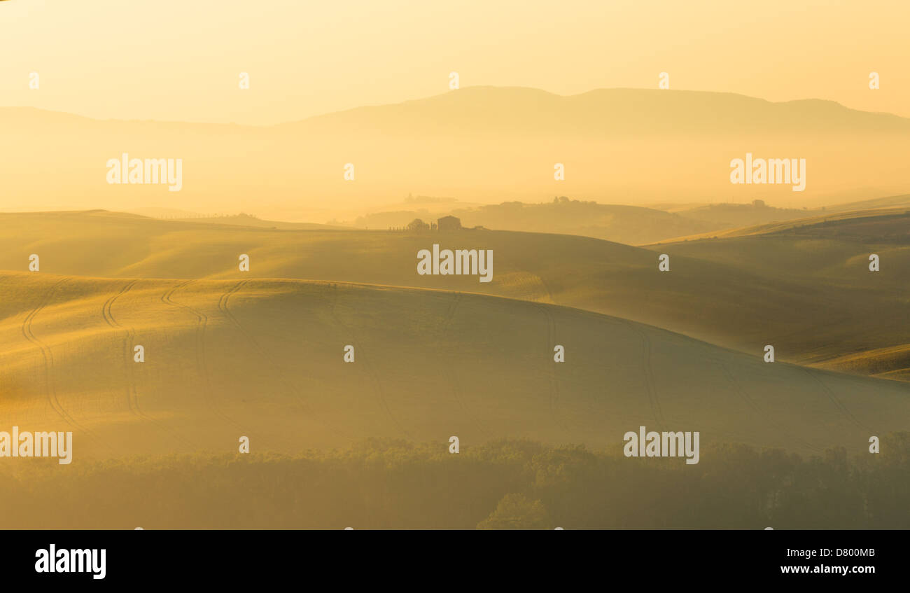 Hügellandschaft der Toskana in der Nähe von Pienza goldene Morgen Licht und Nebel Nebel Stockfoto