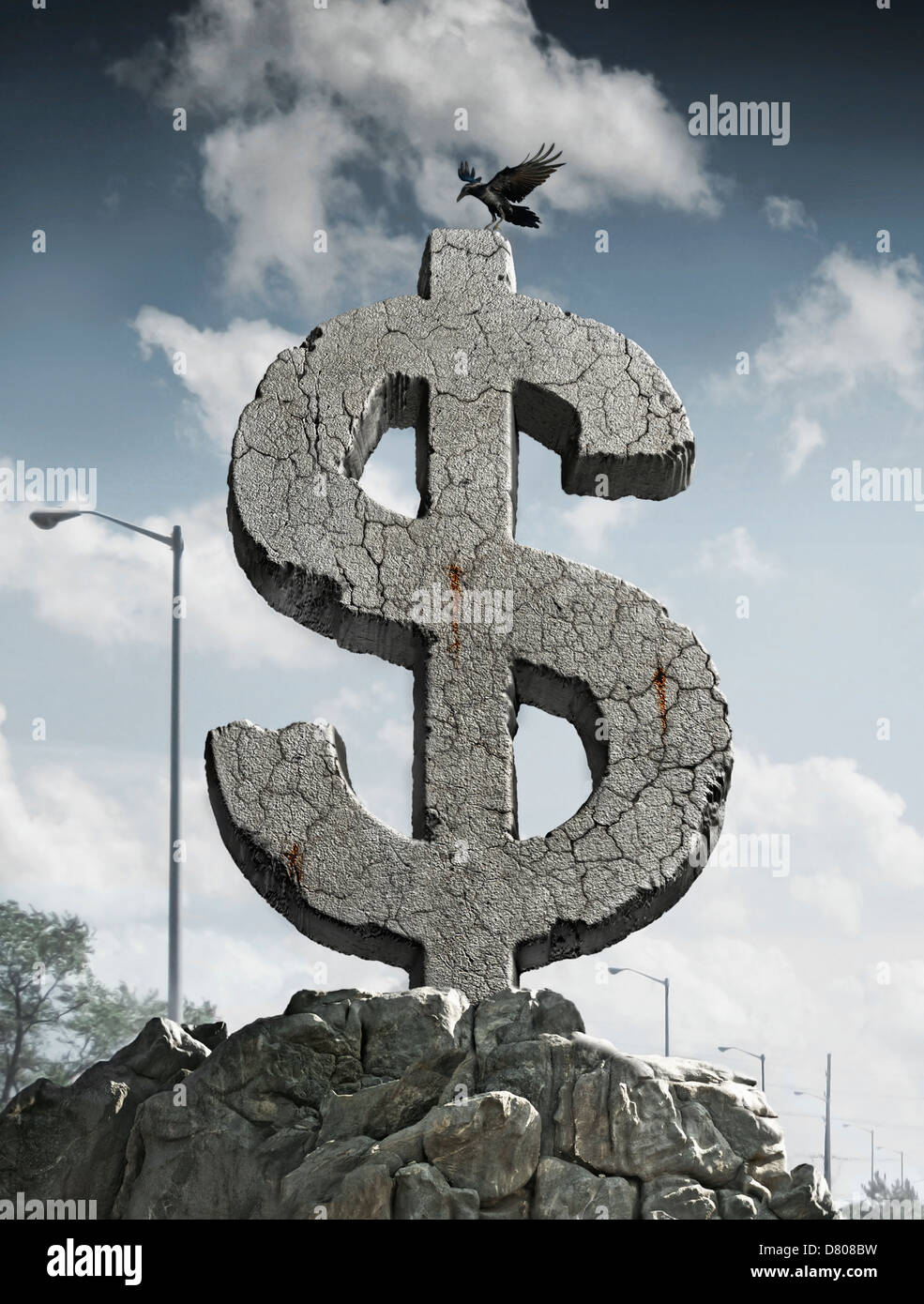 Landung auf geschnitzten Stein Dollarzeichen Vogel Stockfoto
