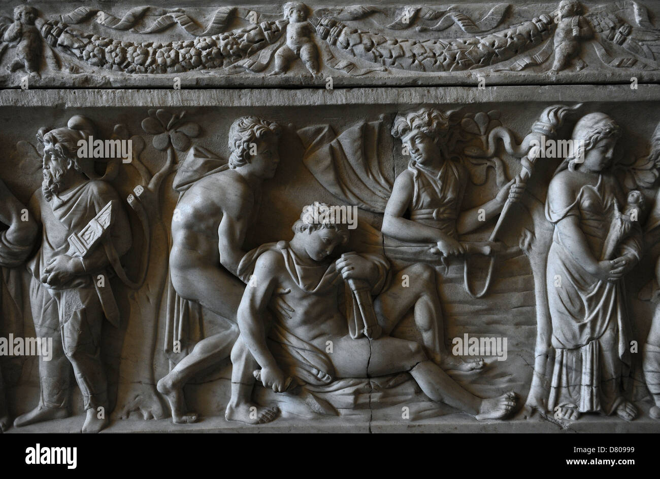 Römischer Sarkophag. Etwa 140 N.Chr. Mythologische Szene. Orest und Iphigenie unter den Taurians. Glyptothek. München. Deutschland. Stockfoto