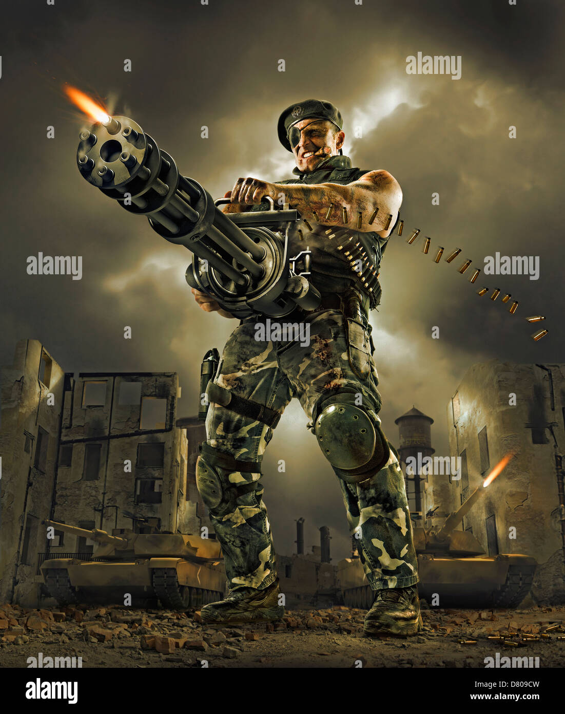 Abbildung des Soldaten feuern Maschinengewehr im freien Stockfoto