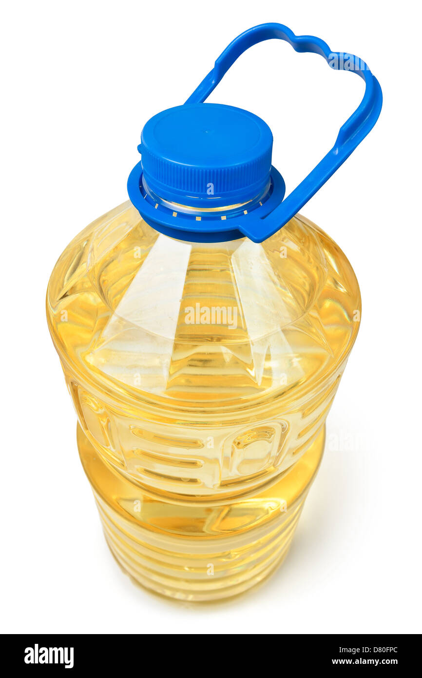 Sonnenblumen-Öl Flasche groß auf weißem Hintergrund Stockfoto