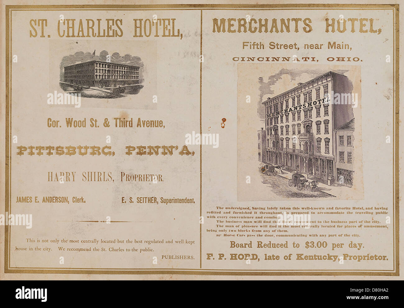 St. Charles Hotel, Pittsburg., Penn'a; Merchants Hotel, Cincinnati, Ohio Stockfoto